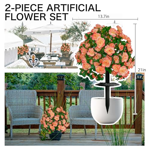 Artificial Flowers for Outdoors, Faux Outdoor Plants Fake Plants Topiary Balls Artificial Outdoor Set of 2 with Ground Spike for Home Front Porch Patio Garden Decor (Tangerine) - color: Tangerine