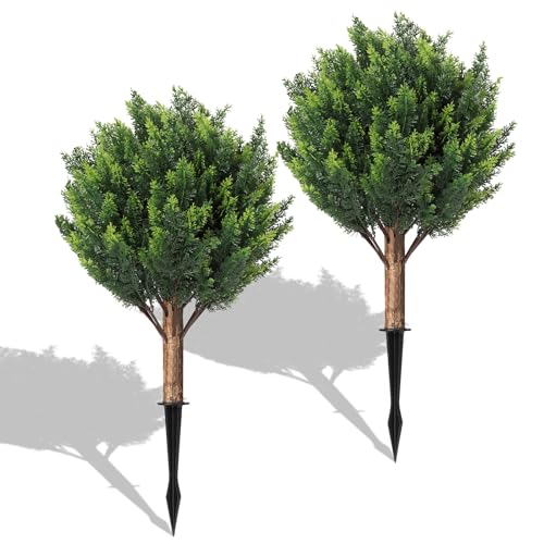 24''Artificial Cedar Topiary Ball Trees for Outdoor,2 Pack Greenery Cypress Tree Plants with Ground Spike,UV Resistant Faux Pine Bushes Shrubs for Garden,Porch,Front,Patio - color: Green Cedar