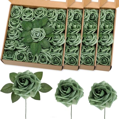 100 Pcs Artificial Foam Rose Flower Faux Bouquet Wedding Fake Rose Gift for Mother's Day Women DIY Bridal Shower Party Table Birthday Home Spring Decor (Elf Green) - color: Elf Green