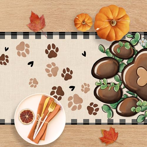 Cat Dog Paw Prints Table Runner, Buffalo Plaid Check Farmhouse Kitchen Dining Table Decoration Pet Lover Gifts, Eucalyptus Leaves Burlap Indoor Outdoor Home Decor Party Supply 13 x 72 Inches - color: Paw, size: Table Runner 13''X72''