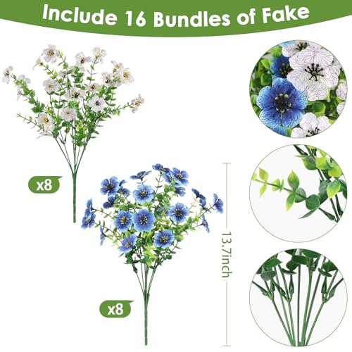 16 Bundles Artificial Flowers for Outdoors, Realistic Fake Silk Flowers for Outside, No Fade Faux Eucalyptus Plants for Outdoor Planter, Window Box, Hanging Basket - Porch Patio Garden Decor - color: White+blue, size: 16PCS
