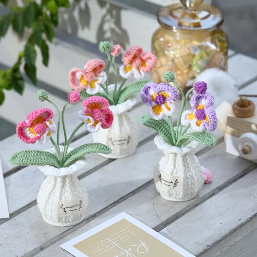 Orchid Crochet Flower Pot Deep Rose Handmade Knitted Phalaenopsis Desk Decor for Home Office - color: Deep Rose Phalaenopsis