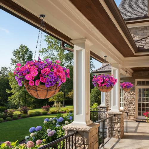CEWOR Artificial Flowers for Outdoor Indoor, Fake Silk Morning Glory with Eucalyptus Leaves, Faux Flower for Garden Front Door Porch Planter Patio Home Decor (24 Bundles, Purple Fuchsia) - color: Purple Morning Glory