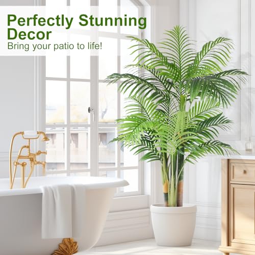 5ft Tall Triple Golden Cane Palm Artificial Tree Large Tropical Palm Tree UV Resistant Fake Plant in Pot for Indoor Outdoor Big House Living Room Outside Patio Office Home Decor 1Pack - size: 5ft
