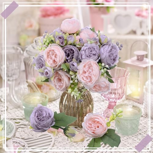 8 Bundles Artificial Peonies Flowers Boho Faux Flowers Arrangements Artificial Centerpiece Spring Bouquet Floral Wedding Decoration for Vase(Pink, Purple) - color: Pink, Purple