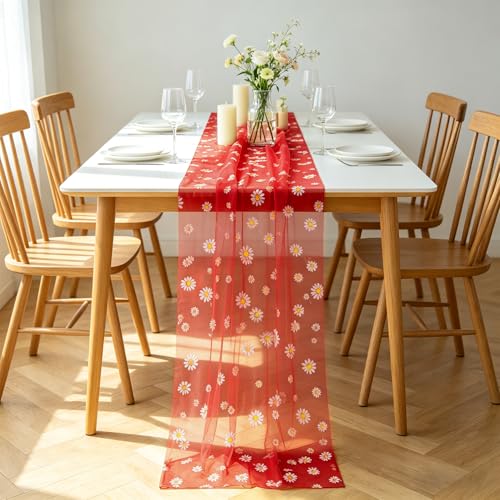 Daisy Gauze Table Runner 120 Inch 10FT, Floral Flower Tulle Table Runner Seasonal Kitchen Dining Table Decorations for Party Wedding Christmas Holiday Birthday (Red) - color: Red