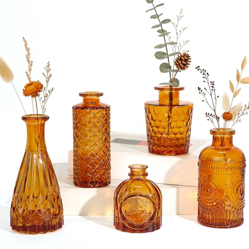 Amber Glass Bud Vases Set of 5, Mini Flower Vase for Centerpieces, Brown Small Bud Vases in Bulk for Wedding Decorations, Vintage Vase for Table, Recepetion, Home Décor - color: Amber Brown, size: 5pcs