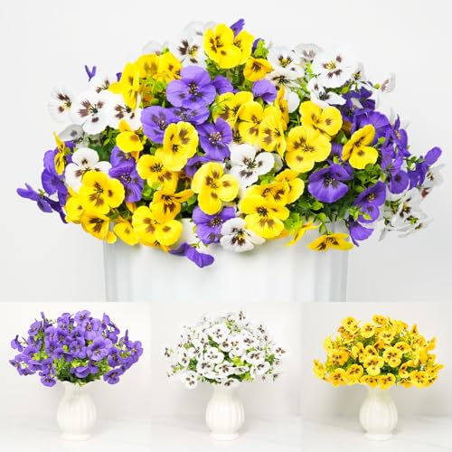 SupBri Artificial Silk Pansy Flowers with Decorative Butterflies, UV Resistant Waterproof No Fade Fake Flowers for Outdoor Pots Garden Patio Decor (White Purple Yellow, 12 Bundles) - color: Yellow/Purple/White