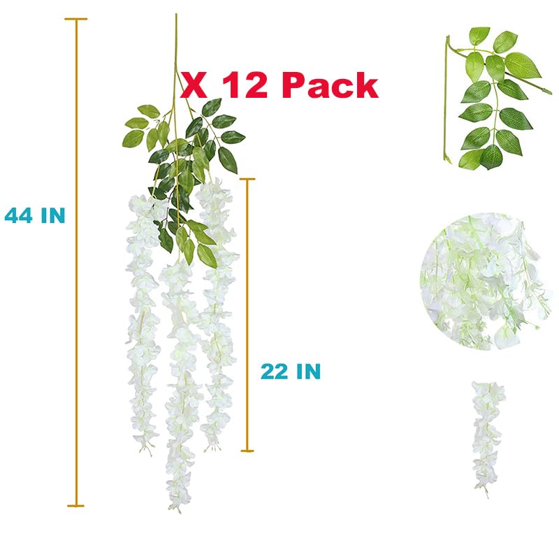12 Pack Wisteria Flower Vines Garland, 3.75 Ft Artificial Flower Strings, Fake Hanging Flowers, Silk Wisteria Garland Flowers, Flower Vine for Wedding Garden Decor (Cream White) - color: Cream White