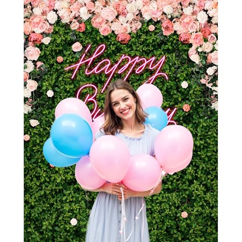 Riyidecor Flower Wall Happy Birthday Backdrop Neon Green Leaves Pink Rose Floral Blossom Botanical Plant Nature 5W*7H Feet Women Girls Photography Background Bday Party Photo Studio Shoot Fabric - color: A-Birthday （Green Rose）, size: 5Wx7H
