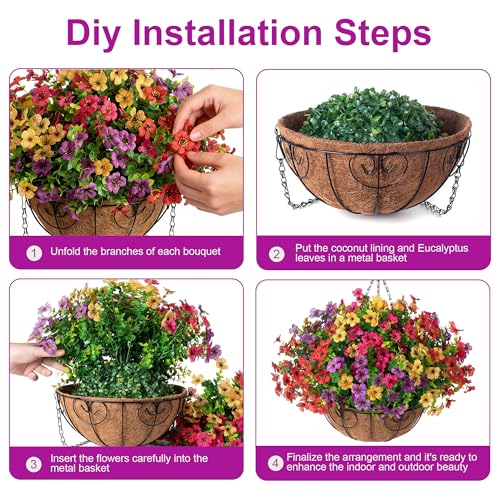 HyeFlora 2 Set Artificial Outdoor Flowers Hanging Basket, Faux Hanging Plants for Outside Spring Decoration, Fake Silk UV Resistant Look Real Daisy for Porch Patio Home Decor - color: 4 Multicolor