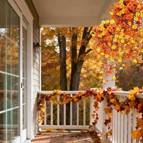 Fall Hanging Flowers Artificial Hanging Morning Glory Flowers for Outdoors for Outside,Garden,Home Decor,Wedding Events,Patio,Porch,Yard(Fall,2 Bunches/4Pcs) - color: Yellow& Orange, size: 2 Bunches/ 4Pcs