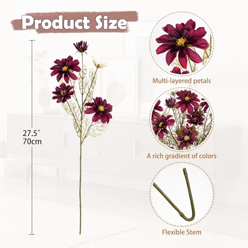 GnFlus Artificial Daisies Red Flowers Stems Gerbera Daisies Long Bouquet 5 Pcs Fake Silk Florals Daisy 27.5 Inch for Home Table Wedding Centerpieces Thanksgiving Burgundy - color: Dark Red Color