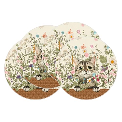 XCHI Wildflowers Cat Daisy Spring Round Placemats Set of 4 Summer Table Mats for Party Home Kitchen Dining Table Decorations 14x14 Inch - size: 14x14 Inch