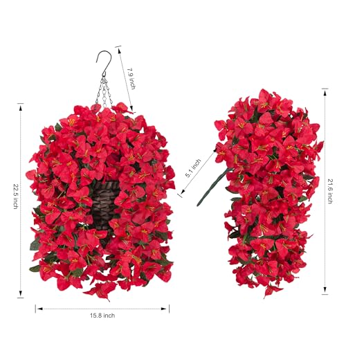 Ivydale Bougainvillea Artificial Hanging Fake Flowers with Basket for Outdoors Decoration, Faux Silk Flowers UV Resistant Fake Plants Long Vines Realistic for Outside Front Door Porch Patio, Red - color: Red