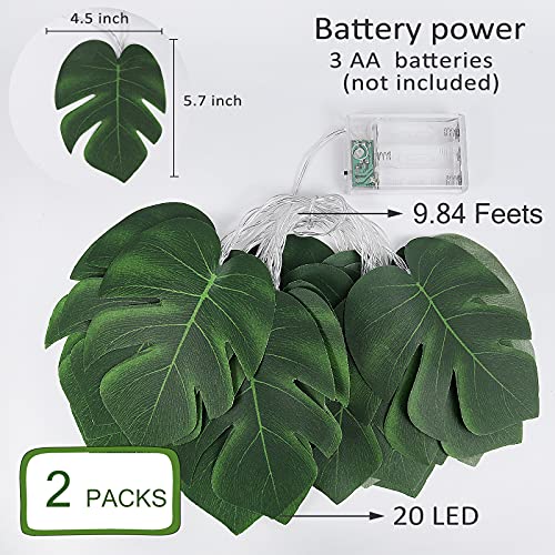 RECUTMS Monstera Leaf String Lights 2 Pack, 20LED Tropical Artificial Rattan Palm Green Leaves Wall Hanging Vine Greenery,Outdoor Indoor Hawaiian Luau Jungle Safari Beach Theme Party Summer Decoration - color: A Monstera Leaf String Lights 2 Pcs