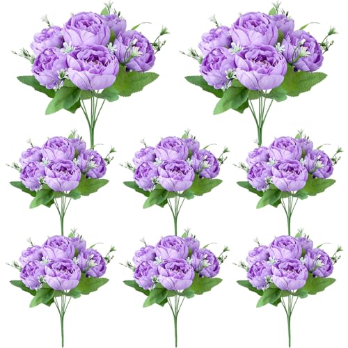 8 Pack Purple Peonies Artificial Flowers, Fake Silk Hydrangea Bouquet for Bridal Wedding Home Table Decor Reusable Dining Opening Ceremony Birthday Arrangement Faux Floral - color: Purple