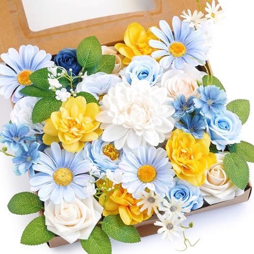 Blue Artificial Flowers Combo Box Wedding Decor,Fake Flowers,Flowers for Decoration,Silk Flowers for Home Decor Indoor,Cake Flowers,Faux Flowers for Crafts - color: Fresh Blue