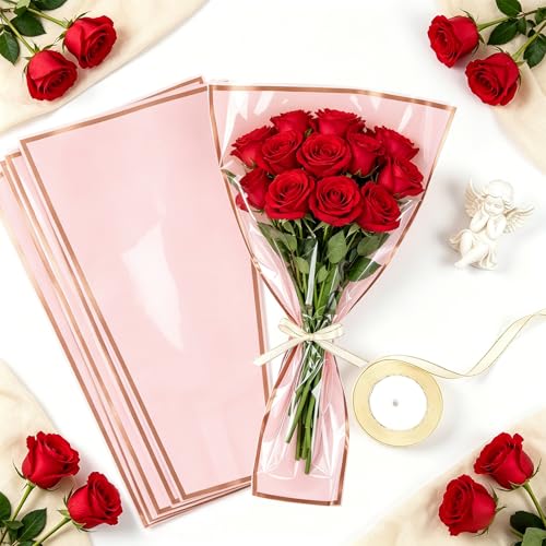DIYASY 50 Pcs Flower Wrapping Bags for Bouquets, Pink Floral Packing Sleeves with Ribbons Florist Wrap Supplies for Wedding Mother's Day Graduation Gift - color: Pink