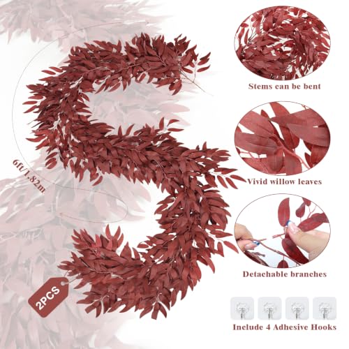 RECUTMS 2Pcs Faux Willow Leaves Vine 6Ft Full Burgundy Fall Garland | Fake Silk Leaf Ivy Artificial Italian Ruscus Greenery for Fall Home Garden Wedding Thanksgiving Party Indoor Outdoor Decor - color: Willow Full Burgundy