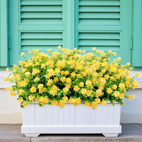 12 Pack Artificial Flowers & Plants for Outdoor Decor - Faux Eucalyptus & Lavender Greenery Shrubs - Fake Plants for Garden, Porch, Patio, Cemetery - Spring & Autumn Home Decoration - color: Yellow
