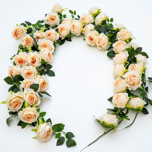 2Pcs 12Ft Bendable Artificial Flower Garland Faux Rose Vine Hanging Floral Garland for Wall Decor Trellis Fence Home Room Garden Wedding Decoration(Champagne) - color: Champagne, size: 2pcs