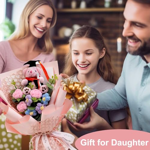 Graduation Gifts Crochet Flowers Bouquet, Handmade Sunflower Rose Bear Graduations Flower Bouquet for Birthday, Teacher Appreciation Gifts, Christmas, Home Décor (Include Card) Pink - color: Pink