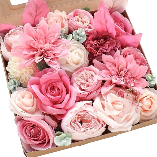 Floroom Hot Pink Blush Artificial Flowers Fake Roses Peonies Dahlias and Greenery Combo Box Set for DIY Wedding Bouquets Bridal Shower Centerpieces Floral Arrangements Party Tables Home Decorations - color: Vibrant Blossom Fuchsia