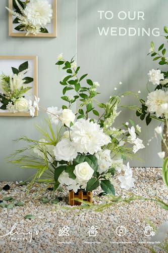 Ling's moment 17.5" Tall Free Standing Artificial Flowers Arrangements 4 pcs Fall Wedding Aisle Runner Chair Decorations Lily of The Valley Ceremony Reception Rose Floral Party Outdoor Centerpieces - color: Wht-lily White & Olive