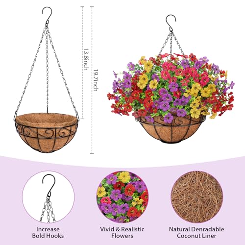 Artificial Fake Hanging Flowers Plants Basket Outdoors, Faux Silk UV Resistant Look Real Daisy Eucalyptus for Spring Summer Garden Porch Home Patio Balcony Yard Decorations, Multicolor - color: Multi Color