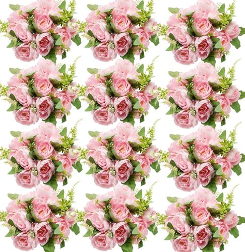 Pink Peonies Artificial Flowers, 12 Bundles Fake Peonies Silk Flowers Faux Peonies Flowers Realistic Bouquet for Wedding Home Centerpiece Table Decoration - color: Pink