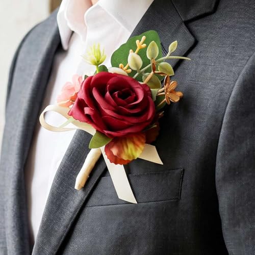Burgundy Rose Groom Boutonniere for Men Prom Wedding (Burgundy) - color: Red