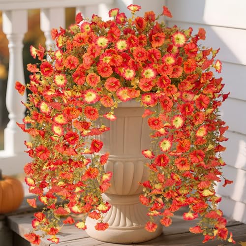 Hrobek Artificial Fall Hanging Flowers for Decoration, 2pcs Long Vine Fake Flowers Plants Morning Glory, Realistic Faux Petunias for Planter Patio Porch Garden Autumn Outdoors Dec, Orange Sunset - color: Z-orange Yellow