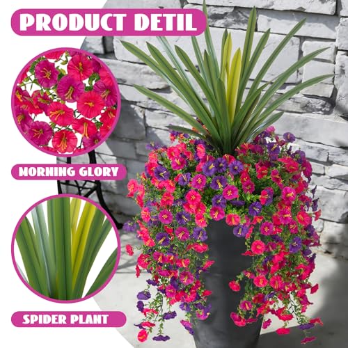 3 Bundles Fake Artificial Morning Glory Flowers for Outdoors, 1 Bundles Faux Greenery Plants UV Resistant Weatherproof for Indoor Outdoor Garden Patio Window Box Home Decor - color: Dar Purple,light Purple，rose Red