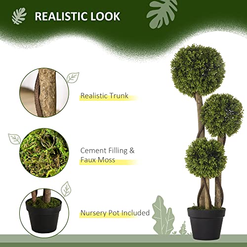 HOMCOM Artificial Plant for Home Decor Indoor & Outdoor Fake Plants Artificial Tree in Pot, 3 Ball Boxwood Topiary Tree for Home Office, Living Room Decor, Light Green - color: Light Green