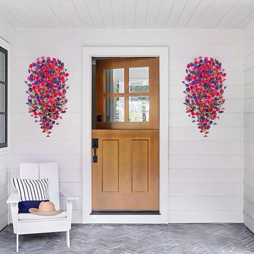 Artificial Hanging Flowers for Outdoor, 2pcs Fake Plants Long Vine Morning Glory Eucalyptus, Spring Summer UV Resistant Realistic Faux Greenery Indoor Outside Patio Porch Garden Decor, Hot Pink Purple - color: Hot Pink Dark Purple