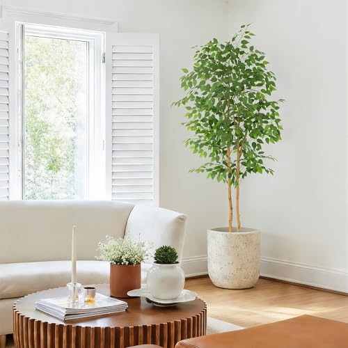 Bellacat 7ft Ficus Tree Artificial with Double Real Wood Trunks, 84in Faux Ficus Tree with Lifelike Leaves, Fake Ficus Tree for Living Room Bedroom Office Decor - color: Green With Double Trunks, size: 7ft