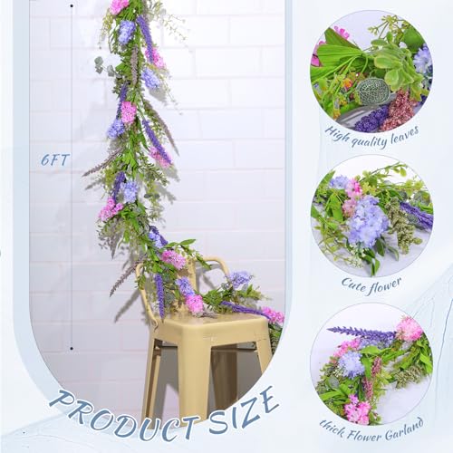 Giegxin 1 Pcs 6 ft Artificial Flower Garland with Lilac and Lavender Purple Pink Flower Fake Wisteria Vines Summer Greenery Eucalyptus Garland for Wedding Mantle Porch Stair Table Indoor Decor - style: Lilac