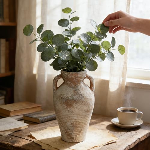 Ceramic Flower Vase with Handles, 11 Inch Farmhouse Rustic Vase, Decorative Terracotta Tall Vase for Home Decor, Living Room, Centerpiece, Shelf, Mantle Fireplace - color: 11"h-terracotta