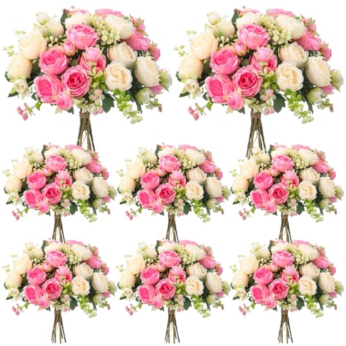 Geosar 8 Bundles Artificial Peonies Flowers Fake Silk Peony Bouquet Faux Peonies Flowers Bulk for Decoration Vase Floral Arrangements Wedding Party Table (Pink,Champagne) - color: Pink, Champagne