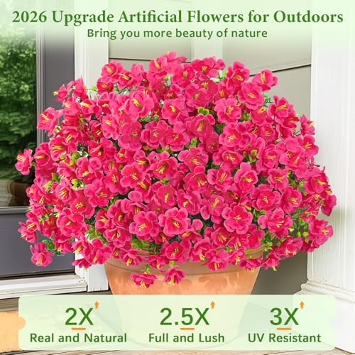 MARTINE MALL 12 Bundles Look Real Artificial Flowers for Outdoors, Realistic Fake Outdoor Flowers, UV Resistant Silk Flowers for Outside Faux Flowers Plants for Outdoor planters Porch, Rose Red - color: Rose Red, size: 12 Bundles