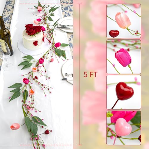 5 FT Valentine Garland Valentines Garlands Valentines Day Garlands Pink Floral Garland with Tuilps Heart Berry for Valentine's Day Indoor Wedding Party Stairs Table Fireplace Mantel