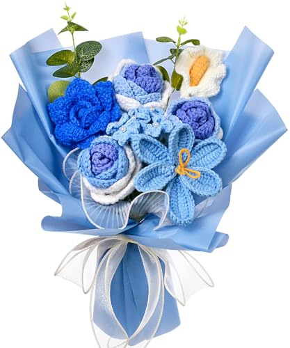 Crochet Flowers Bouquet, Knitted Rose Tulip Calla Lily Flowers Bouquet for Mother's Day, Father's Day, Birthday, Graduation, Home Décor, Gifts for Mom, Dad, Lovers, Friends, Blue - color: Blue