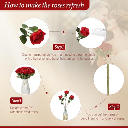 Hotop 40 Pcs Rose Artificial Flowers Bulk with Long Stem,Realistic Silk Fake Roses Bouquet for Home Wedding Centerpieces Party Table Decoration Valentines Gifts(Red) - color: Red