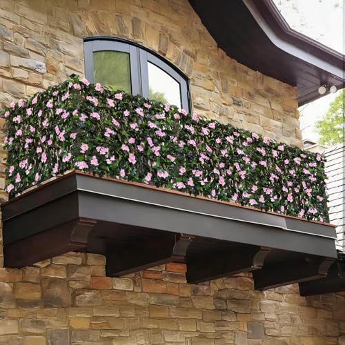 Expandable Fence Privacy Screen for Balcony Patio Outdoor,Decorative Faux Ivy Fencing Panel,Artificial Hedges - color: PINK FLOWER