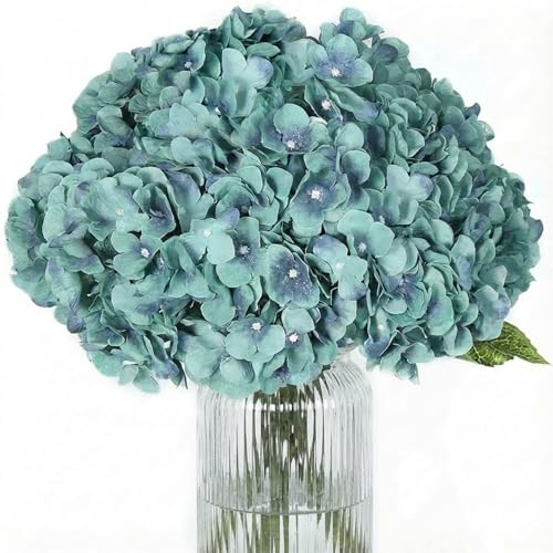 2Bouquets Artificial Fake Flowers Plants Silk Hydrangea Arrangements Wedding Bouquets Decorations Plastic Floral Home Kitchen Garden Party Festival Bar DIY (Acid Blue,5Flower Heads) - color: Acid Blue，5flower Heads