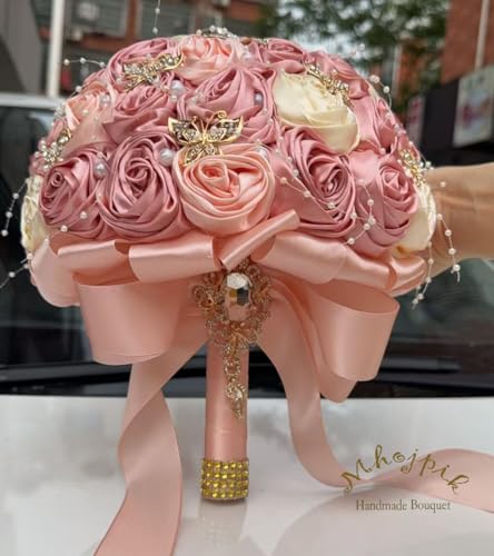 Handmade Wedding Flowers Bouquet Round Holding Bridal Bouquet Artificial Satin Roses Bunch for Bride Bridesmaid Wedding Quinceanera - color: Blush Pink, Light Salmon & Cream, size: Small (Dia. 7.5"/19cm)