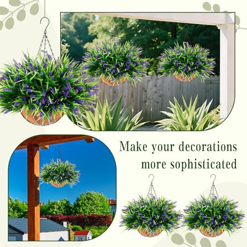 Hotop 2 Pack Outdoor Artificial Lavender Hanging Plants with Basket 16 Bundles UV Resistant Lavender in Coconut Liner Pot Spring Flowers Decor for Porch Patio Home Garden Decor(Purple) - color: Purple
