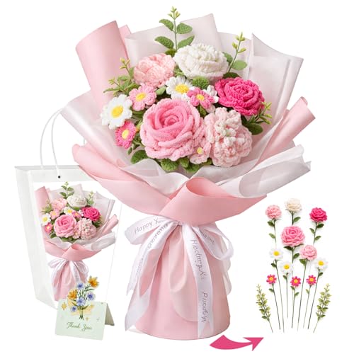 Handmade Crochet Flower Bouquet, Pink Rose & Carnation Knitted Flowers, Gift For Girlfriend, Birthday, Anniversary, Mother’s Day, Wedding Or Graduation (Includes Card) (Pink) - color: Pink