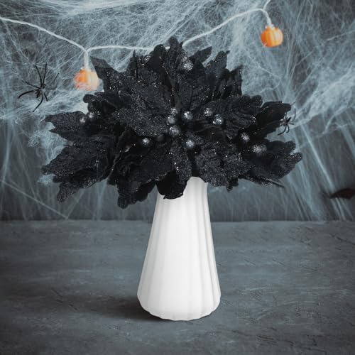 Giegxin 8 Pcs 8'' Halloween Black Flowers Poinsettia Flowers Halloween Artificial Poinsettia Stems Velvet Black Ornaments Fold Floral for Holiday Party Decorations - color: Black